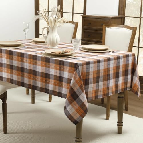 Romanstile Fall Checkered Tablecloth Rectangle, 60 x 84 Inch, Brown