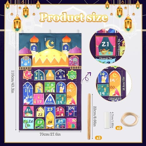 HOWAF Fabric Ramadan Advent Calendar (Countdown to Eid), Mosque Eid Ramadan Countdown Calendar with 30 Pockets for Ramadan Mubarak Home Wall Decoration, Islamic Decor Eid Holiday Advent Calendar Planner Supplies