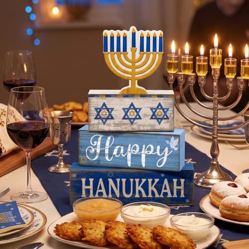 Lineshading 4 Pcs Hanukkah Decorations for Home Chanukah Table Decor Wooden Menorah Decoration Hanukkah Centerpiece