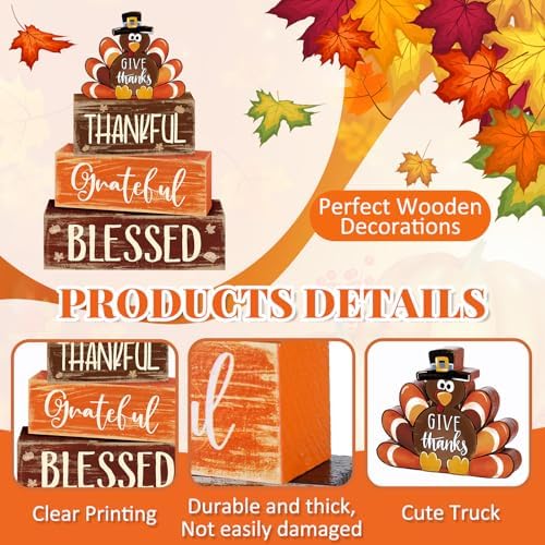 4 Pcs Fall Thanksgiving Decor for Home Funny Turkey Wooden Signs with Hat