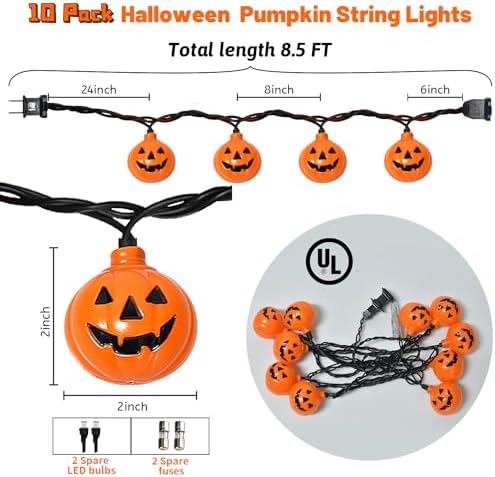 Pumpkin Halloween Decorations Lights, 8.5FT Pumpkin String Lights with 10 LED Waterproof Orange Jack-O-Lantern Lights for Outdoor Indoor Home, Halloween Party Decorations, Black Wire, Plug in