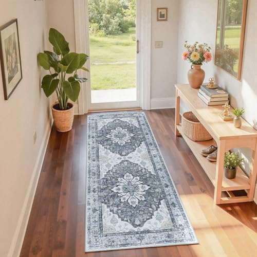 RELEANY Washable Area Rug, Runner 2'x6', Grey/White/Beige