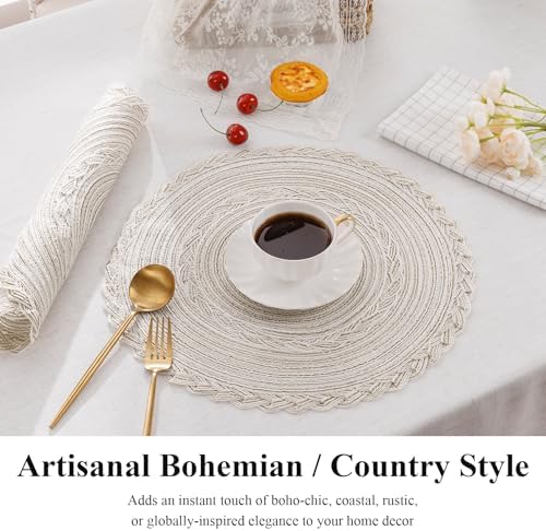 SHACOS 15 inch Round Braided Placemats Set of 12 for Dining Table Woven Boho Place Mats Kitchen Placemat Washable Table Mats, Ivory Bordered