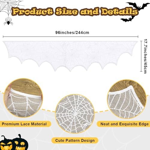 Halloween Mantel Scarf,White Lace Spiderweb Fireplace Mantel Scarf,Halloween Mantel Decor for Cloth Table Runner,Halloween Decorations Indoor Festive Party Supplies Door Window Curtains,96 x 18 Inch