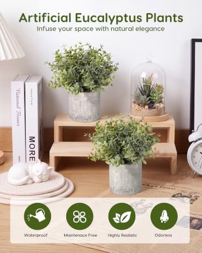 Velener 2 Pcs Large Fake Plants Eucalyptus, Artificial Plants Indoor for Shelf, Potted Eucalyptus Plants for
