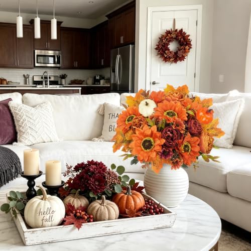 GTIDEA Fall Artificial Flowers, Fall Sunflowers Arrangements with Pumpkin