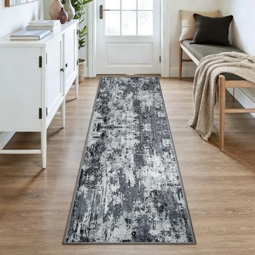 RELEANY Washable Runner 2'6"x8' Abstract Area Rug for Hallway Black White