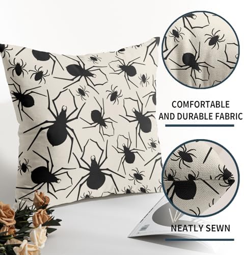 Cream Halloween Pillow Covers 20x20 Set of 2 Black Spider Print Outdoor Decorative Throw Pillows Holiday Scary Themed Farmhouse Pillowcases Linen Cushion Case Decor for Home Sofa Couch Bed