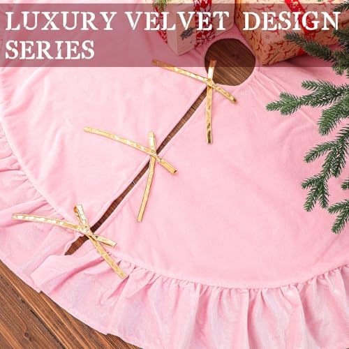 Velvet Christmas Tree Skirt, 60 Inches, Bow Style, Pink