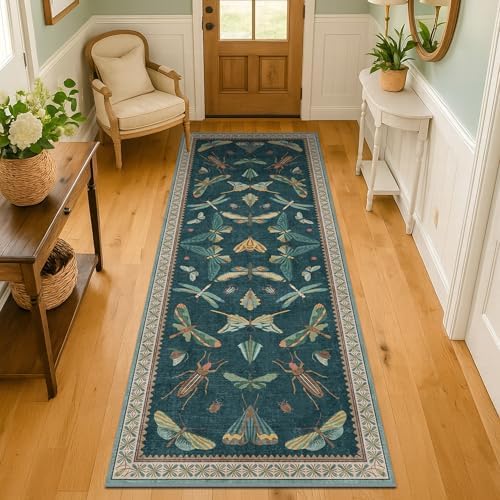 Hazo Haus Washable 2x7 Kitchen Sink Runner Rug, Teal Boho Bathroom Carpet for Entrance Indoor, Brown & Green Floral