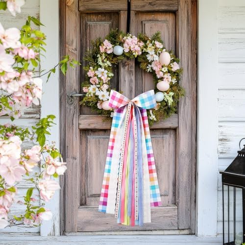 Riceshoot Wreath Bow Sash for Front Door Plaid Ribbon with Clip 9.8x23.6in
