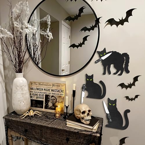 Dripykiaa Scary Black Cat Halloween Wall Decor, 3PCS Wooden Creepy Cat Decorations, Wall Art for Door, Window, Shelf, Bathroom, Living Room Halloween Decorations