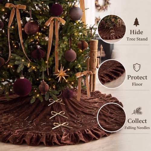 Velvet Christmas Tree Skirt, 60 Inches, Bow Style, Brown