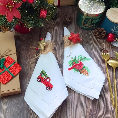 HCRAFT Embroidered Cotton Table Napkin, Cloth Napkins Set of 4 18"x18" Mix Christmas with Animals Napkin Square Fabric, Dining Room, Napkins Cloth Machine Washable, Christmas Napkins, Present Ideas