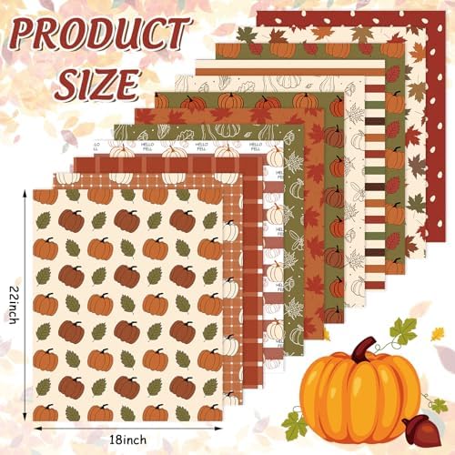 Whaline 12 Pcs Boho Fall Cotton Fabric Bundles Pumpkin Maple Leaf Plaid Fat Quarters Green Brown Thanksgiving Quilting Patchwork for Autumn DIY Sewing Craft Decor, 18 x 22 Inch