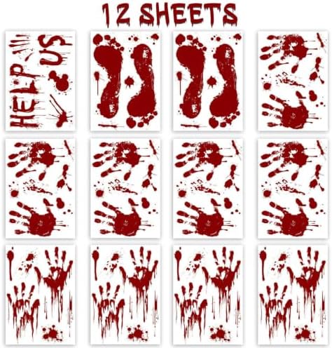 Halloween Window-Clings-Decorations Bloody-Handprint-Footprint Stickers, Scary Halloween Party Indoor/Outdoor Decoration, for Windows, Car - 12 Sheets