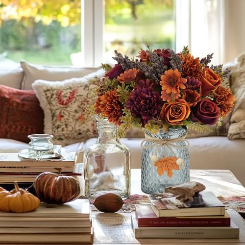 3 Bundles Fall Artificial Flower Arrangements with Vase, Burnt Orange Roses