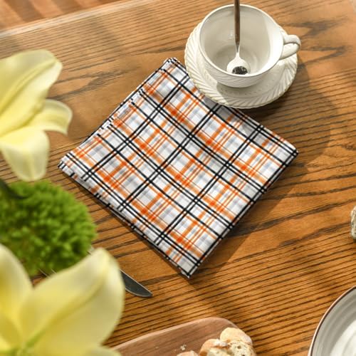 Horaldaily Halloween Cloth Napkins, Orange Buffalo Plaid Napkins Set of 4