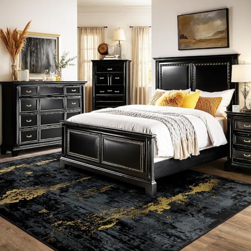 RELEANY Washable 9'x12' Abstract Area Rug for Living Room Black Gold