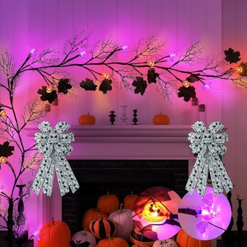 1 Pcs Large Halloween Wreath Bow - 17.8" x 9.8" Spooky Skeleton Wired Bow, Black White Skull Gothic Decorative Burlap Bows for Front Door, Tree Topper & Party Decor (Black Skeleton Bow)