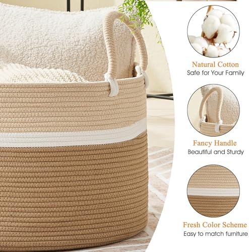 KAKAMAY Large Blanket Basket with Handles, Storage Basket for Living Room