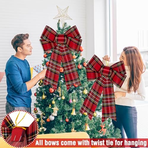 2 PCS Christmas Bows for Wreaths, 12" x 18" Red Christmas Decorations, Buffalo Plaid Christmas Tree Bow White Black Red Christmas Bows for Outside PVC Large Red Christmas Bows for Fence Fireplace