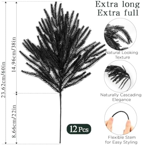 12Pcs Black Norfolk Pine Stems, Real Touch Halloween Christmas Decorations