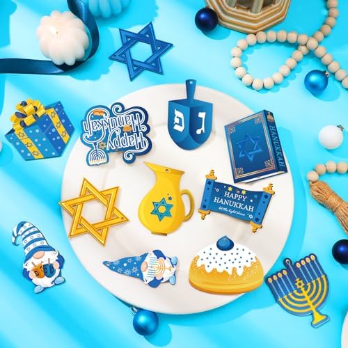 Qunclay 36 Pcs Hanukkah Ornaments Chanukah Wooden Hanging Ornament Star of David Menorah Gnome Happy Hanukkah Wood Pendant Blue Yellow Jewish Home Decorations for Christmas Tree Party Decor