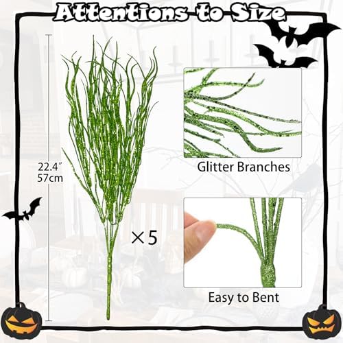 5 Pcs Halloween Picks and Sprays Green Artificial Curly Willow Branches 27.4Inch Floral Twig Stems Sticks Vase Fillers Green Halloween Ornament for Centerpieces Party Holiday Christmas Decorations