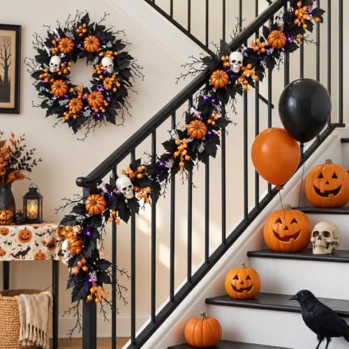 20" Halloween Wreath for Front Door, Black Gothic Spooky Outdoor Décor