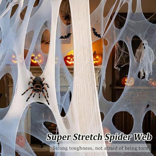 1000 Sqft（After Streched with Holes）Uncut Giant DIY Spider Web Halloween Decorations Outdoor with 10 Ground Nails Stretchy Beef Cloth Netting Cut-Your-Own Flexible Elastic for Yard Party Decor