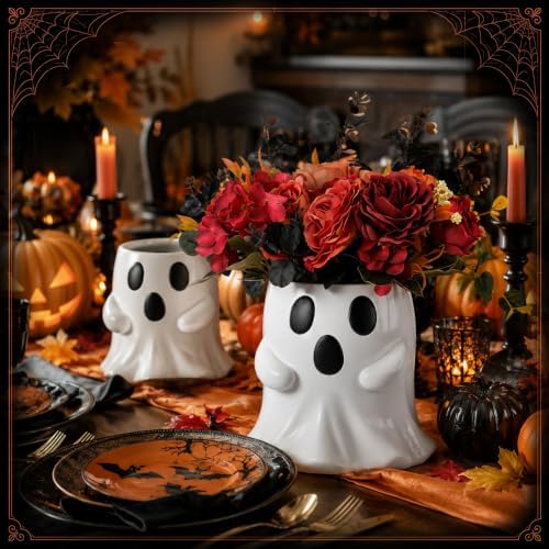SiliFine Halloween Ghost Bucket with Artificial Flowers Halloween Vase