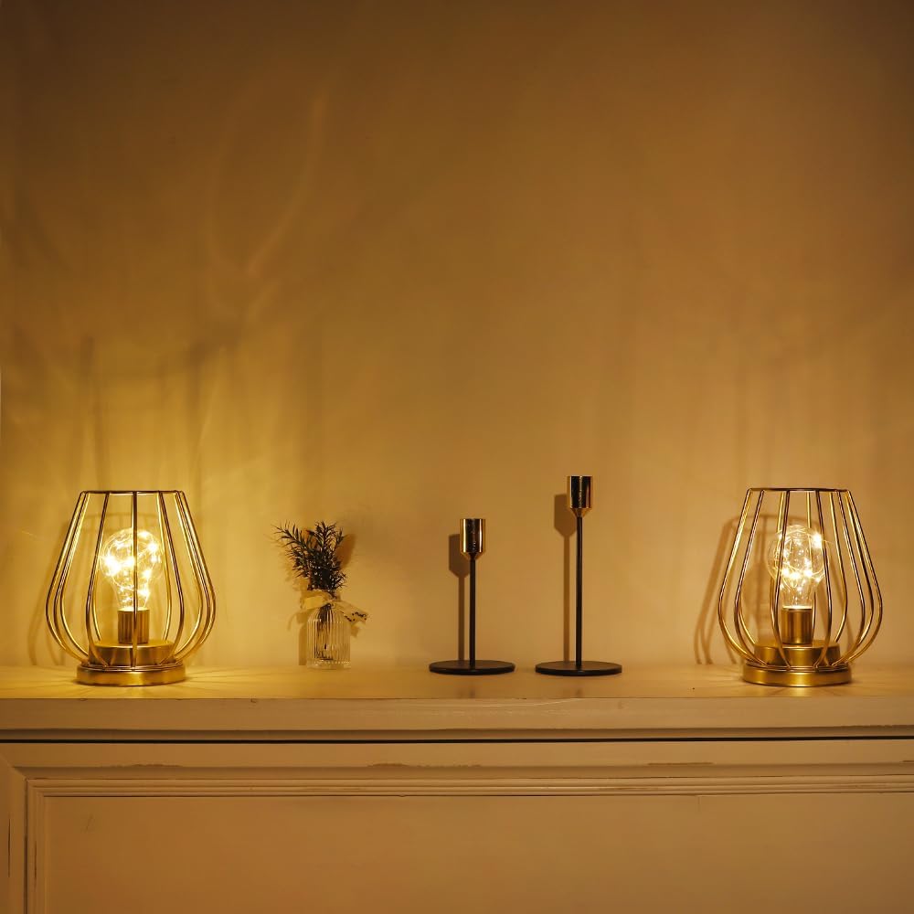 TRIROCKS Set of 4 Metal Battery Operated Lamp 7'' Tall Mini Cage Shape Cordless Table Lamp Battery Lanterns with Warm