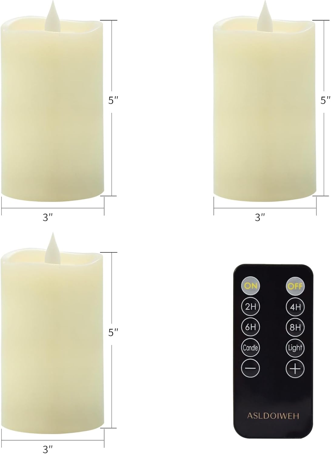 3" x 5" Flameless Candles Set of 3, 2AA Battery Life 600 Hours Battery Candles Flickering with Timer, 5 inch Flameless