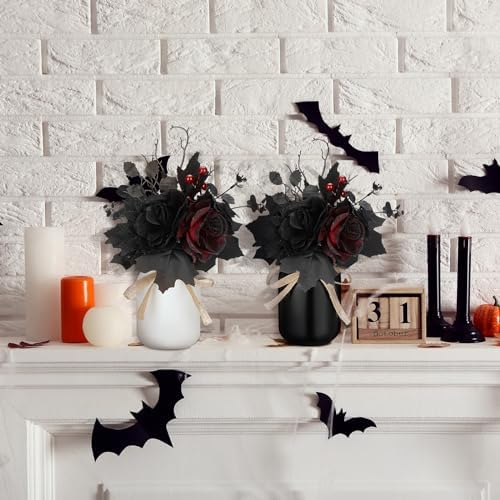 Gejoy 3 Pcs Halloween Table Decor Set Mason Jar with Artificial Flower Black Red Table Centerpieces Faux Flowers with Vases for Halloween Floral Arrangements Home Decorations