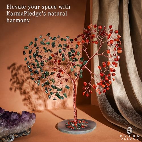 Handmade Healing Crystal Tree of Life Green Avneturine and Carnelian Chakra Tree for Money, Good Luck, Feng Shui Home