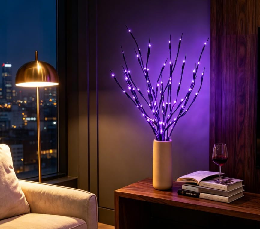 DK177 2 Pack Led Branch Light Battery Operated Lighted Branch Vase Filler Willow Tree Artificial Little Twig Power Brown 30 Inch 20 LED for Home Outdoor Indoor Romantic Decoration, Purple Light