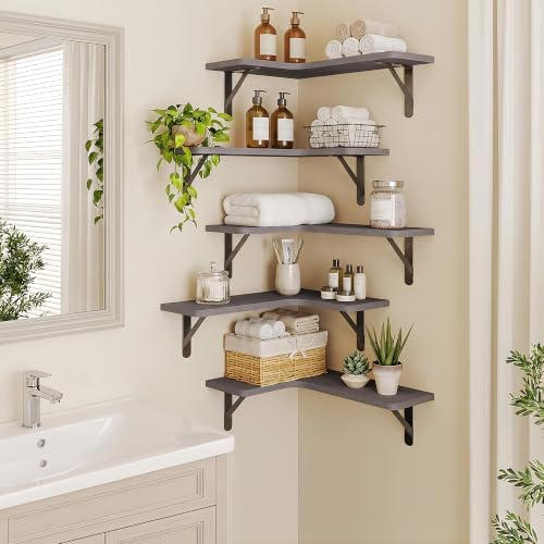 Fixwal Corner Floating Shelves Set of 5, Rustic Wood Wall Mounted Corner Shelf for Bathroom, Kitchen, Bedroom, Home