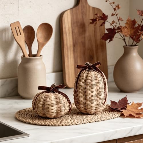 DN DECONATION Fall Pumpkin Decor, Fake Rattan Pumpkin Decorations for Home