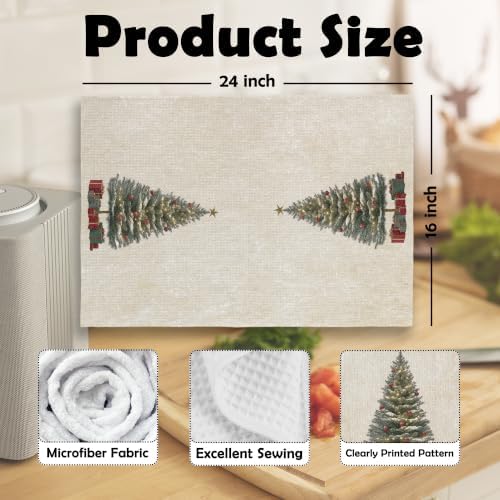 Vintage Christmas Tree Santa Kitchen Dish Towels 16x24, Set of 2