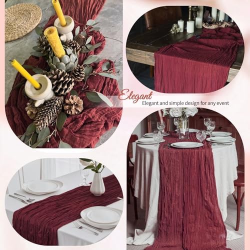4 Pcs Burgundy Christmas Cheesecloth Table Runner 10Ft, Gauze Table Runners 21.5 x 120 inch, Semi Sheer Cheese Cloth Fabric Runner Bulk for Wedding,Party,Baby Shower,Bridal Shower