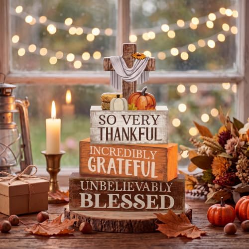 Moucuny 4 Pcs Fall Table Decoration for Home Religious Cross Stacked Signs