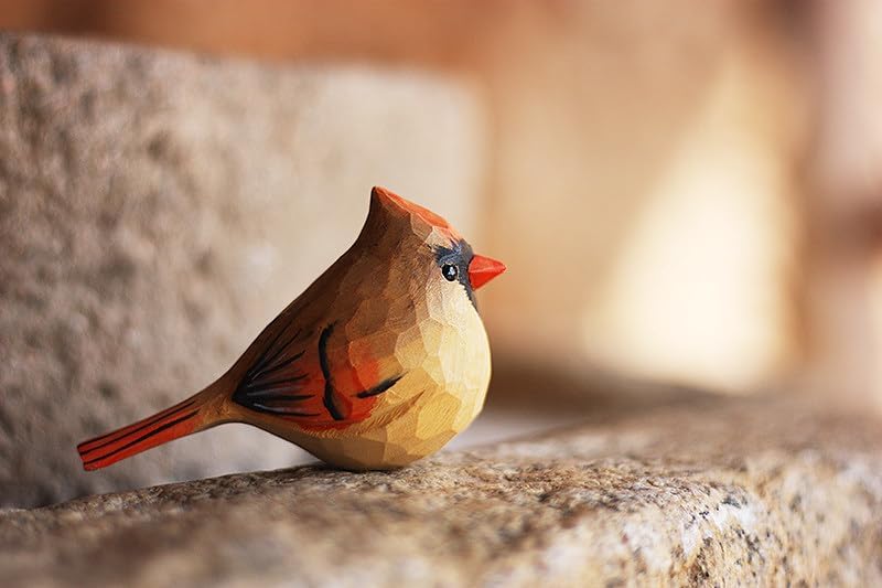 Small Wooden Christmas Female Bird Statue Decor / Female Cardinal / Red