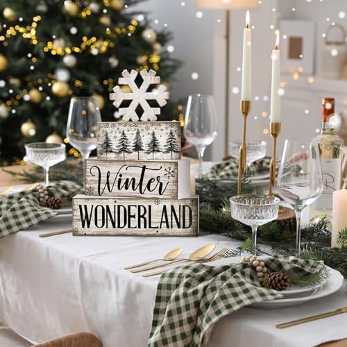 Lineshading 4 Pcs Winter Block Signs Wooden Farmhouse Tiered Tray Decor