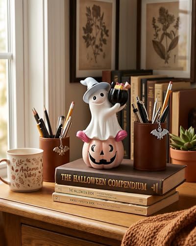 Halloween Ghost Pumpkin Figurine, Cute Resin Ghost on Jack O Lantern with Witch Hat and Candy Bucket, Spooky Shelf Decor for Mantel Table Tiered Tray Home Office Decoration Gift (Ghost on Pumpkin)