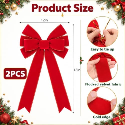2 Pcs Golden Edged Red Velvet Tree Topper Bows, Large Christmas Wreath Bows