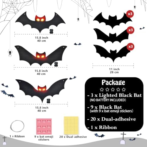 Lighted Halloween Hanging Bats, 12 Pack Halloween Decorations Outdoor Scary Large Black Hanging Flying Bat with LED Lights Spooky Glow Eyes Waterproof for Bedroom Window Wall Decor Indoor Clearance