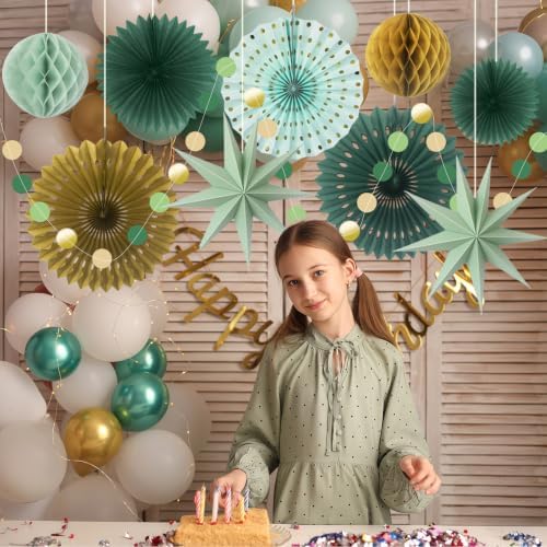 ADLKGG 10-Piece Sage Green Gold Party Decorations, Hanging Paper Fans