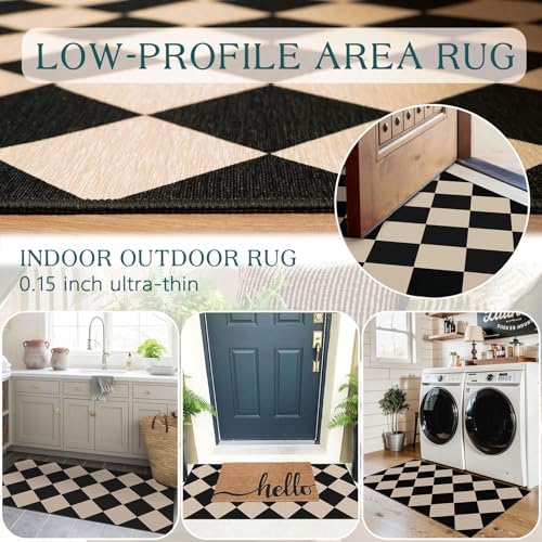 Front Door Mat Indoor Entrance - 2x4.3 Ft Black Tan Checkered Rug