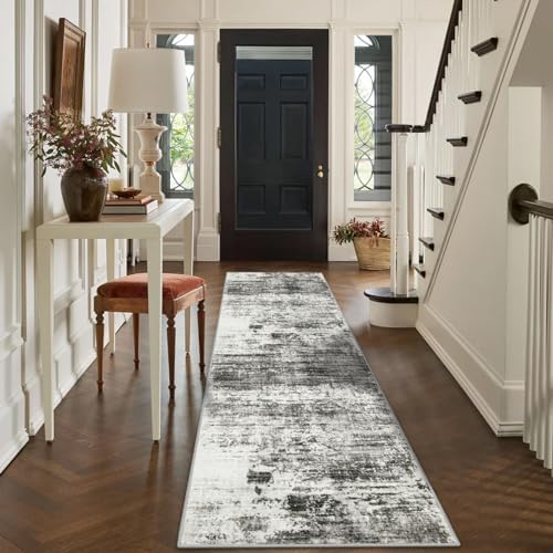 2'6''x8' Runner Rugs Washable Rug:Modern Abstract Hallway Black Grey Carpet